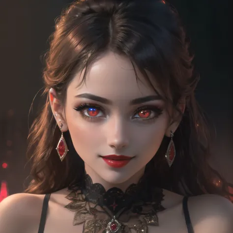 ((best quality)), ((masterpiece)), (detailed), (8k:1.1), (realistic:1.5) beautiful alluring (1girl:1.3), detailed face, highres, extremly detailed face, beautiful face, (magic red glowing eyes:1.5), (chilling look:1.2), (extremly detailed eyes:1.4), (cute:1.3), (looks into the soul:1.3), (diamond intricate earings:1.2), (cute smile:1.2), ((dark red lipstick), makeup:1.1)