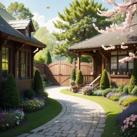A picturesque and tranquil garden overflowing with a dazzling array of brightly colored flowers, swaying gently in the breeze. Fluttering butterflies and industrious bumblebees dart about the fragrant blossoms, while a quaint white picket fence surrounds the peaceful sanctuary, lending an air of classic charm and serenity.