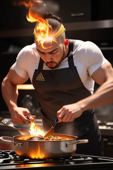 Sport and cooking, in motion, dynamic, motion blur, hdr, (intricate details, hyperdetailed:1.2), flambe