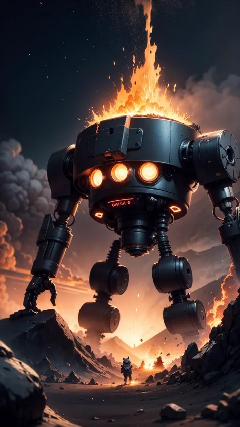 a small robot cat, solo, standing, huge active volcano, volcano eruption, lava, ash, (mechanical parts, cyborg, android),
(masterpiece:1,2), best quality, masterpiece, highres, original, extremely detailed wallpaper, perfect lighting,(extremely detailed CG:1.2),