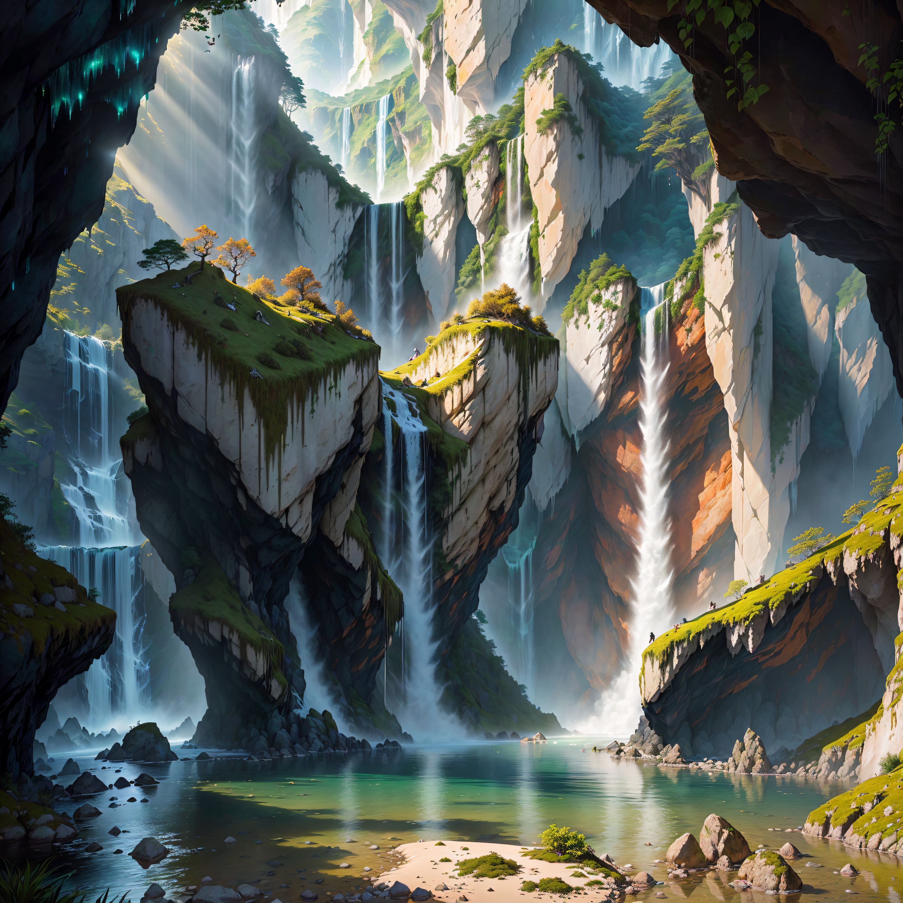 A painting of a waterfall in a cave with a waterfall coming out of it ...