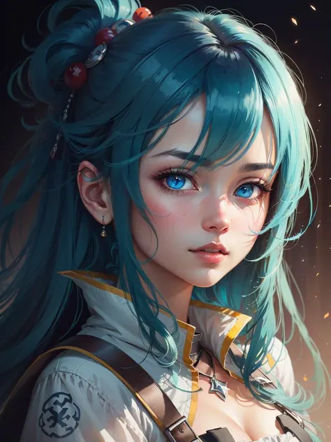 masterpiece, best quality, highres, aqua \(konosuba\), portrait, blue hair, blue eyes, long long hair, highly detailed, artstation, digital illustration by artgerm, wlop, james jean, andrei riabovitchev, marc simonetti, yoshitaka amano, artstation, cgsociety
