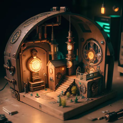 mini\(ttp\), (8k, RAW photo, best quality, masterpiece:1.4),(steampunk:1.5),Lots of connecting pipes,(cyberpunk:1.5),(cyberpunk light:1.2),on desk,in a miniature box,isometric, miniature, landscape on foundation,landscape,<lora:miniature_V1:0.8>