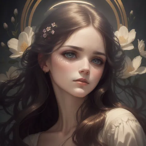 (Dramatic Photo:1.3) of (Ultra detailed:1.3) A dreamy portrait of a woman with long, flowing hair and a wistful expression, surrounded by a halo of pastel flowers. The art style is reminiscent of the ethereal, romantic works of John William Waterhouse, with the woman's features rendered in soft, delicate brushstrokes.,Highly Detailed
