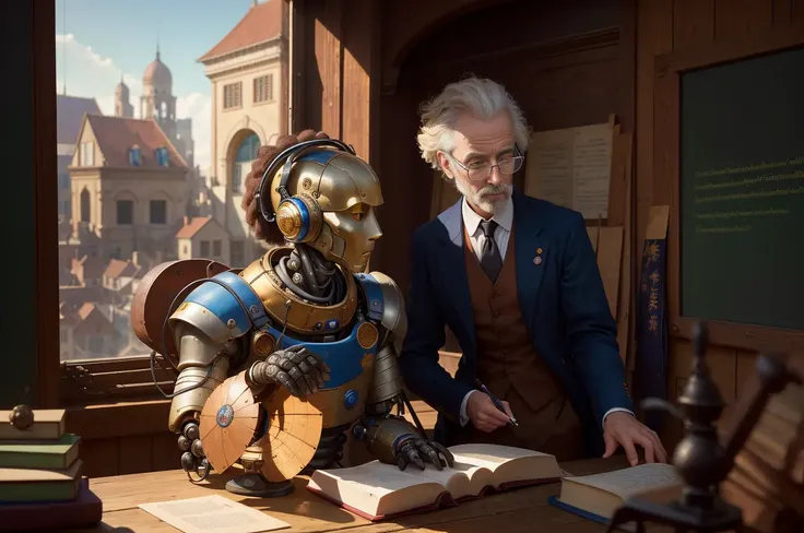 Photo raw, (1 man and 1 humanoid robot), (a professor teaching a history book to a humanoid robot), the professor is sitting at his wooden desk in a classroom with a global world map, (the classroom is surrounded by books and references to Don Quixote de la Mancha and many books). The teacher wears a formal suit of the sixteenth century, and the intelligent robot observes attentively, The scene is illuminated with a soft ambient light, and the digital painting is in renaissance style (the background is a classroom, blackboard and a window with a good view where sunlight enters), The medium used is oil on canvas, with a combination of pastel colors and high quality computer graphics (High depth field in the background), ((Realistic)), ((detailed)), ((historical)), <lora:epiNoiseoffset_v2:1>