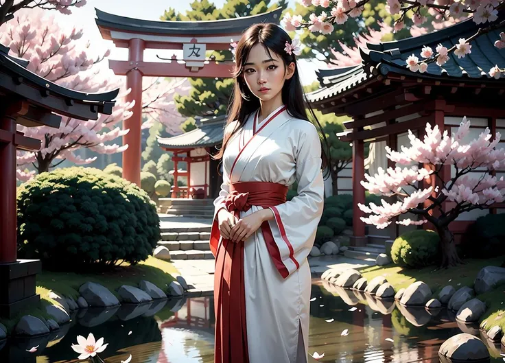 ultra realistic 8k cg, picture-perfect face, flawless, clean, masterpiece, professional artwork, famous artwork, cinematic lighting, cinematic bloom, fantasy, dreamlike, unreal, science fiction, petite milf, skindentation, skin imperfection, skinny body, light olive skin, shiny skin, glossy skin, subsurface scattering, perfect face, beautiful face, big eyes, puffy eyes, red eyes, perfect eyes, eyelashes, (backlighting), realistic, masterpiece, highest quality, lens flare, shade, bloom, [[chromatic aberration]], by Jeremy Lipking, by Antonio J. Manzanedo, digital painting,(1girl:1.2), solo, extremely cute, teen, outdoors, morning, japanese shrine, shrine maiden, miko clothes, white chihaya, (red long hakama:1.2), (cherry blossom:1.3), cherry blossom hair accessory, black hair, long hair, walking, nature, mountain, beauty, cute, red torii gate, clear sky, relaxing, comfortable, warming, (spring flowers:1.1), smiling, fantasy, imaginary, mythically, shadows, shiny, dynamic, alive, landscape, peaceful, serene, quiet, tranquil, intuition, adaptability, creativity, imagination, artistry, inspiration, awe, wonder, gratitude, appreciation, enjoyment, mindfulness, awareness, connection, harmony, balance, texture, detail, realism, depth, perspective, composition, color, light, shadow, reflection, refraction, tone, contrast, foreground, middle ground, background, naturalistic, figurative, representational, impressionistic, expressionistic, abstract, innovative, experimental, unique, <lora:mikoClothes_v10:0.4>