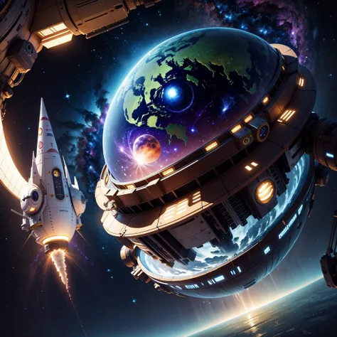 spaceship, universe, galaxy, earth, (masterpiece:1,2), best quality, masterpiece, highres, original, extremely detailed wallpaper, perfect lighting,(extremely detailed CG:1.2), vibrant details