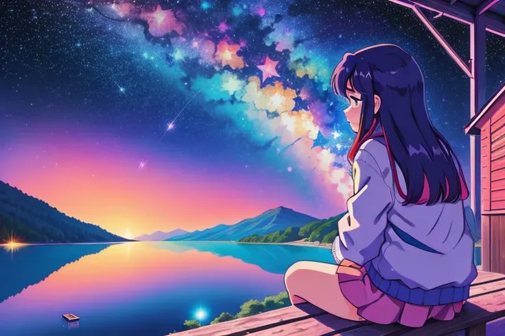 digital painting, anime, girl sitting on a ledge over a lake, night, definite lines, facing away from camera, colorful sky full of stars, <lora:thickline_fp16:1>
