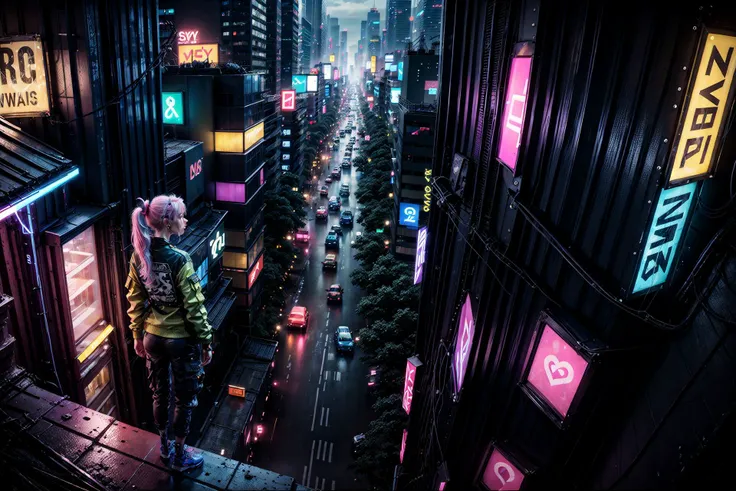 (masterpiece, 4k ,ultra detailed:1.2),(anime:1.2),illustration,(realistic:1),
(solo:1.4),
(panorama,Two-point perspective:1.4),aerial shot,
(landscape,outdoor,night,midnight,cyberpunk,rooftop:1.2),(skyscraper,cityscape:1.4),
(neon sign,blue neon,pink neon,yellow neon:1.4),
(neon color trench coat,neon color sneaker:1.2),(t-shirt,cargo pants:1.3),
(platinum white hair,ponytail:1.2),(supermodel:1.4),
<lora:hipoly3DModelLora_v10:0.2>,
<lora:japanesedolllikenessV1_v15:0.4>,
<lora:flat2:-0.7>,
<lora:neonLight_v10:0.2>,
<lora:neonPaletteLora_offset:0.2>