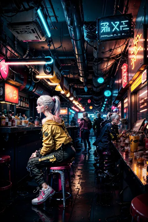 (masterpiece, 4k ,ultra detailed:1.2),(anime:1.2),illustration,(realistic:1),(photorealistic:1),
(solo:1.4),
(sitting on stool:1.2),(from side:1.2),(looking away,facing away:1.2),(from above:1.3),
(perspective:1.2),
(indoor,bar:1.4),(counter,cyberpunk,reflection:1.2),(crowd,people:1.4),
(neon sign,blue neon,pink neon,yellow neon:1.4),
(off-shoulder neon trench coat,t-shirt,cargo pants,sneaker:1.3),
(platinum white hair,ponytail:1.2),(supermodel:1.4),(various hair color),
<lora:hipoly3DModelLora_v10:0.2>,
<lora:japanesedolllikenessV1_v15:0.4>,
<lora:flat2:-0.7>,
<lora:neonLight_v10:0.2>,
<lora:neonPaletteLora_offset:0.2>,
<lora:epiNoiseoffset_v2:2>