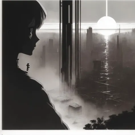 [art by Posuka Demizu|art by Sailor Moon], anime key visual, medium shot of a Deformed Captivating Conditioner, at Sunrise, Bauhaus Art, short lighting, Monochrome, absurdres, artstation