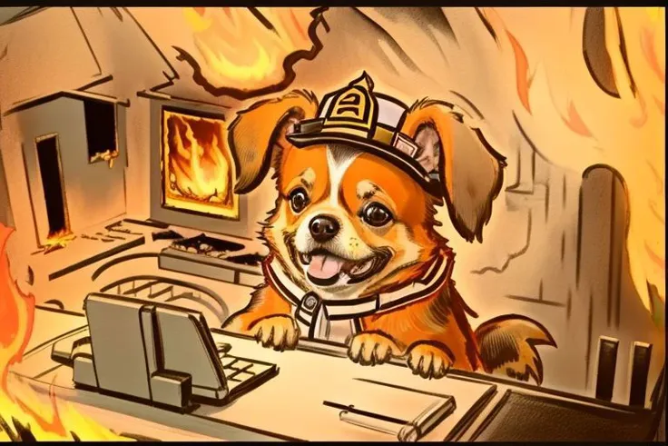 (Raw Photo:1.3) of (Ultrarealistic:1.3),(Happy:1.3) chihuahua dog with a bowler hat , sitting on chair near table, happy, table burning, tongue out, (dog working with computer:1.3), (burning house:1.3), (big flames:1.3), walls burning, table burning, (disaster:1.3),Highly Detailed,(Red hue:1.3)