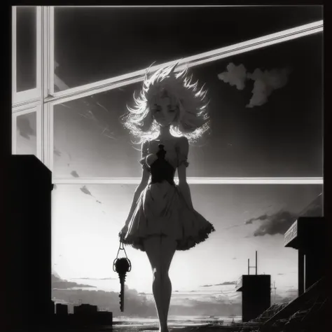 [art by Posuka Demizu|art by Sailor Moon], anime key visual, medium shot of a Deformed Captivating Conditioner, at Sunrise, Bauhaus Art, short lighting, Monochrome, absurdres, artstation