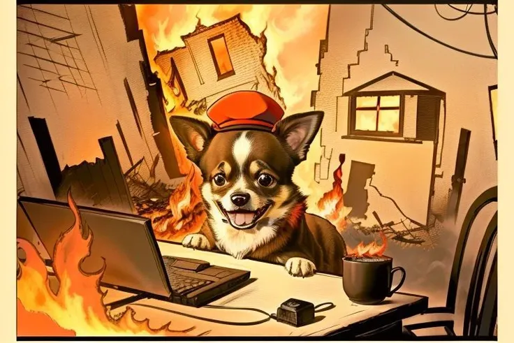 (Raw Photo:1.3) of (Ultrarealistic:1.3),(Happy:1.3) chihuahua dog with a bowler hat , sitting on chair near table, happy, table burning, tongue out, (dog working with computer:1.3), (burning house:1.3), (big flames:1.3), walls burning, table burning, (disaster:1.3),Highly Detailed,(Red hue:1.3)