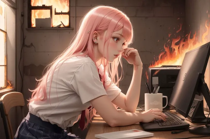 (Raw Photo:1.3) of (Ultrarealistic:1.3),(corneo_marin_kitagawa:0.8), best quality, masterpiece, ultra high resolution,(photorealistic:1.3), 1girl, cute,slim,(working with computer), loose blonde hair with pink ends, red eyes,long hair, dark eyes,profile,(shiny skin),loose shirt, tie, blue striped school skirt, piercings in the ear, (burning house:1.3), (big flames:1.3), walls burning, table burning, (disaster:1.3),Highly Detailed,(Red hue:1.3)