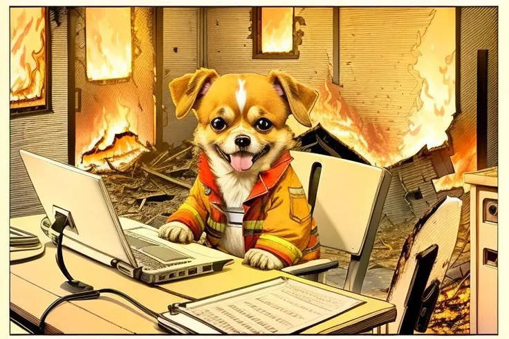 (Raw Photo:1.3) of (Ultrarealistic:1.3),(Happy:1.3) chihuahua dog, sitting on chair near table, happy, table burning, tongue out, (dog working with computer:1.3), (burning house:1.3), (big flames:1.3), walls burning, table burning, (disaster:1.3),Highly Detailed,(Red hue:1.3)