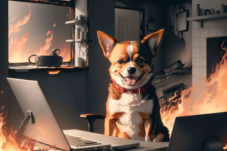 (Raw Photo:1.3) of (Ultrarealistic:1.3),(Happy:1.3) chihuahua dog, sitting on chair near table, happy, table burning, tongue out, (dog working with computer:1.3), (burning house:1.3), (big flames:1.3), walls burning, table burning, (disaster:1.3),Highly Detailed,(Red hue:1.3)