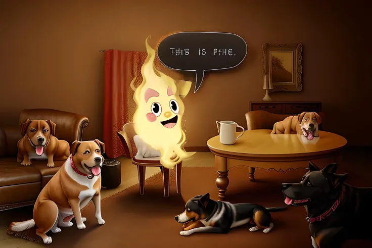 a man sitting on chair near table, happy, surround with dogs,Highly Detailed