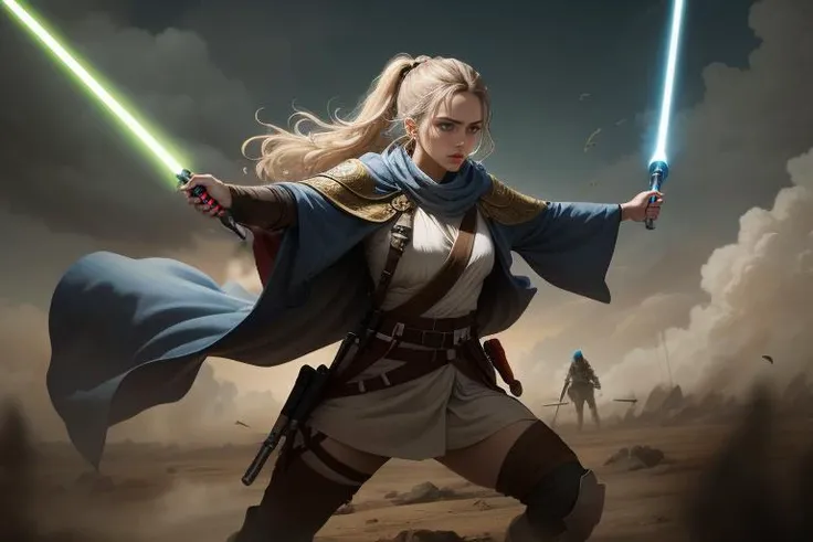 a female jedi,
wearing cape, blue lightsaber,
in a battlefield, medieval,