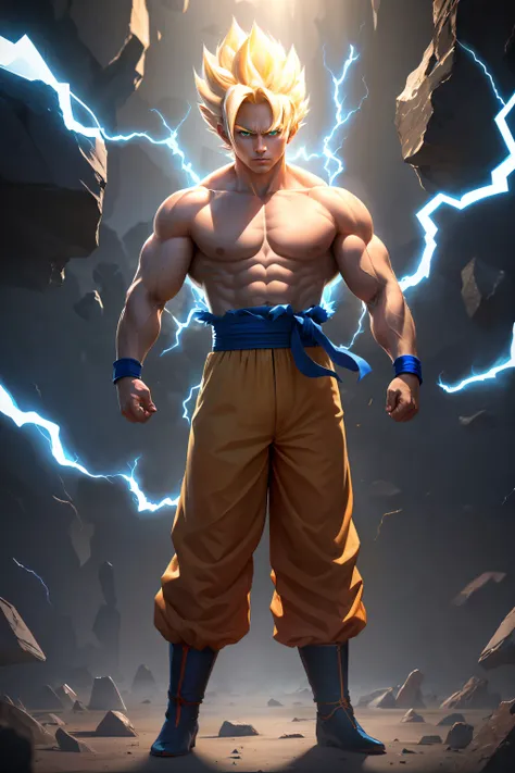 ((best quality)), ((masterpiece)), ((realistic)), (detailed), son goku, 1boy, biceps, blonde hair, green eyes, blue sash, blue wristband, clenched hands, collarbone, dougi, electricity, energy, floating rocks, yellow aura, frown, looking at viewer, full body, male focus, muscular, muscular male, pectorals, rock, sash, scratches, serious, solo, spiked hair, super saiyan, super saiyan 1, topless male, v-shaped eyebrows, wristband, , insanely detailed, detailed background, ((masterpiece)), absurdres, 8k uhd <lora:son_goku_offset:0.8>