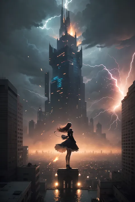 vignette,cinematic lighting,backlight,soothing tones, hyperrealistic,concept art,fantasy, fantasy background, mysterious,whimsical,adventurous,magic,wonder, imagination, fantasy culture, mythology, fairy tales, folklore, legends,magical creatures, fantasy worlds,looking afar,looking at the viewer, half body, curvy, skinny,
1girl, classy woman in black wedding dress looking outside the window at war-torn city, from behind, to the side, rule of thirds, drapes, (window),
detailed outdoor setting with a stormy city scape, on top of skyscraper balcony, strong wind, sparks, (particle flames),embers,lightning in sky, rain, water splash, speed, movement, energy,
<lora:pureInnocentGirl_v20:0.2><lora:japaneseDollLikeness_v15:0.4>,