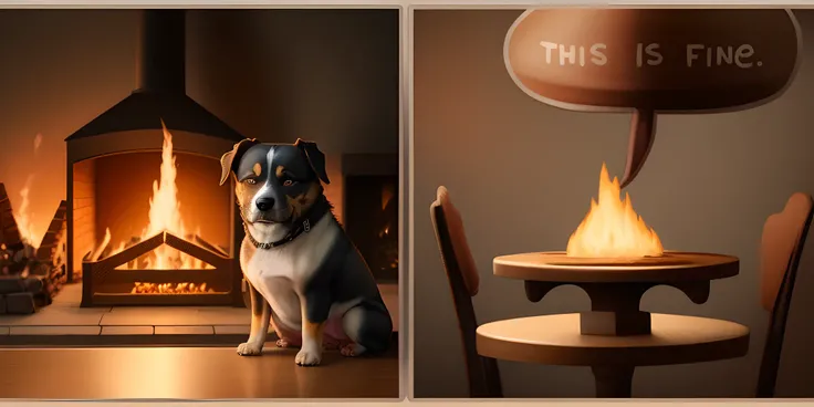 Highly Detailed
AND a dog sitting in a chair in front of a fire, cup of coffee on table, heavy fire on the background
AND chihuahua dog with a bowler hat , sitting on chair near table, happy, table burning, tongue out