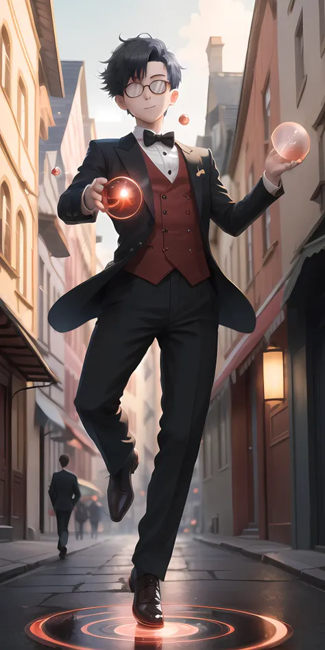 boy with short red hair, round glasses, shadow magic, floating objects, blurry foreground, glowing magic, full body, town background, high details, high quality, floating pose, tuxedo, anime