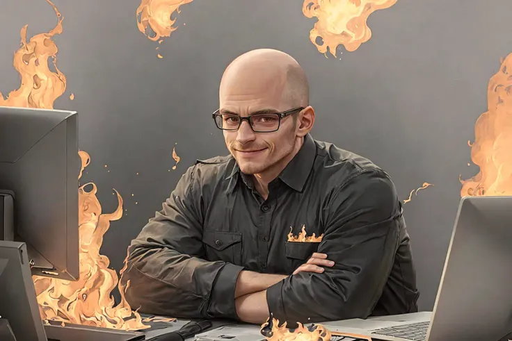 dark room, [darkness, calm and soothing atmosphere:(fire), (flames), (flame), (burn), burning, (on fire), engulfed by flame, burned down, arson, emergency, (fire flame background):0.1], confident smile, man working on the computer, (warm color palette), short facial hair, bulky bald man in a suit