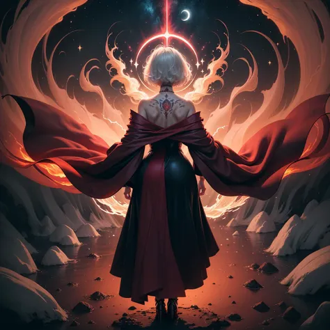 round image,(masterpiece:1.3), (the best quality:1.2), (super fine illustrations:1.2), (Masterpiece), high quality, high detail,(SOLO:1.4),((round image)),[(white background:1.1)::5],[(clouds:1):5],[(game character portrait:1.2):5],1 girl,solo,(((full body))),only five fingers,
((white short hair)) ((yellow and (White) ends)),short hair, whole body, look at viewer, ((looking from above)), ((red lips)), (bright red eyes), ((fullbody magic tatoos)), sexy pose, medium boobs, (rising from hell:1.2), (red flowing robes:1.2), (black and red dress:1.2),
lighting, ((body aura)), ((electric aura)), godrays, halo, energy halo, starry night, moon light, magic pillars, ((magic spell)), electric runes, (((from behind)))
(hyper detail:1.1), (dramatic light:1.2), (intricate details:1.1), (colourful:1.1), godrays, (ethereal glow:1.3), (sacred atmosphere:1.3)