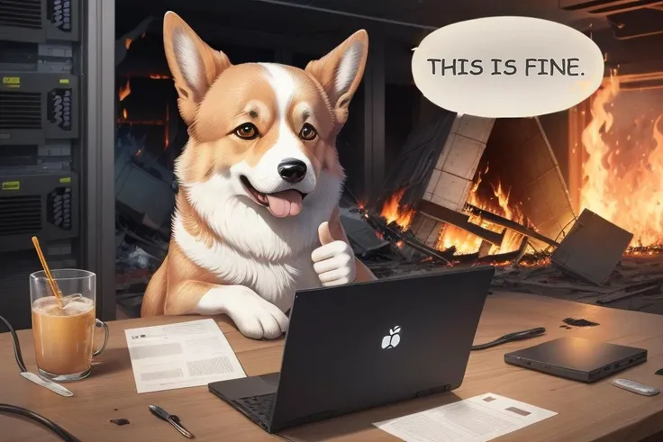 digital illustration, cartoon, parody, funny,
a corgi, solo, (thumbs up:1.3), a speech bubble,
(laptop:0.9),
server room, (fire:1.3),haze, ruin, wreckage,