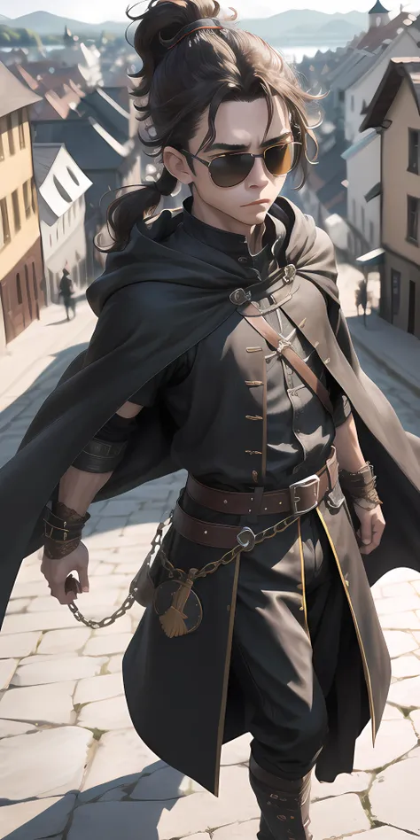 boy with tied curly ponytail brown hair, small sunglasses, shadow magic, floating objects, blurry foreground, full body, town background, high details, high quality, floating pose, anime, black cotton clothes, leather paddings, cotton white shirt, bearskin cloak with lining, detailed clothes, dagger,  menacing pose, medieval clothes, rooftops, yellow details, steel details, chains