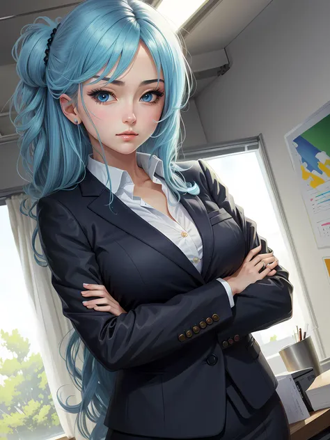 masterpiece, best quality, highres, 1girl, solo, aqua \(konosuba\), blue hair, long hair, blue eyes, suit, office lady, crossed arms, bored,