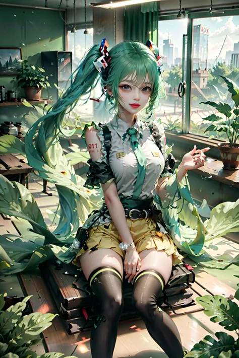 [(white background:1.5)::5],best quality, masterpiece, highres, original, extremely detailed 8K wallpaper, an extremely delicate and beautiful,,full body,straight-on,ultrawide shot,depth of field,high saturation,cafe,tatami,indoors,photorealistic,detailed manga illustration,colorful,tachie,line art,solo,petite,bishoujo,(((hatsune miku))),grayu,goddess,the creamy smooth skin,green_hair,ahoge,ponytail,payot,floating hair,bangs,green_eyes,smile,figure four sitting,detail fingers,skindentation,beautiful_face,bright pupils,office lady suit,denim shorts,black_thighhighs,sneakers,belt,hair ribbon,halo,tassel,hair ornament,hair rings,hair bow,hairband,earrings,book,armlet, <lora:ainoku_HatsuneMiku:0.7>, <lora:fashionGirl_v54:0.5> ,<lora:gachaSplashLORA_gachaSplash31:0.5>, <lora:Hipoly 3D Model:0.2> ,<lora:lightAndShadow_v10:0.3>, <lora:lightlineArtLora_v10:0.3>, <lora:koreandolllikenessV20_v20:0.5>