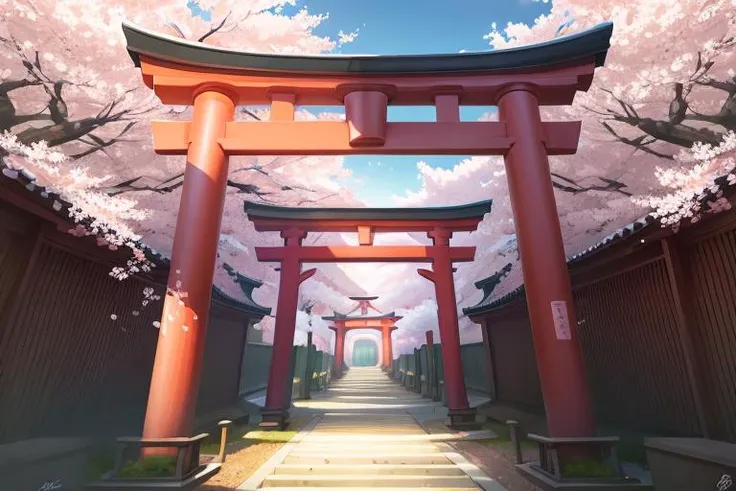 no humans,torii, cherry blossoms, <lora:scenery-000016:1>