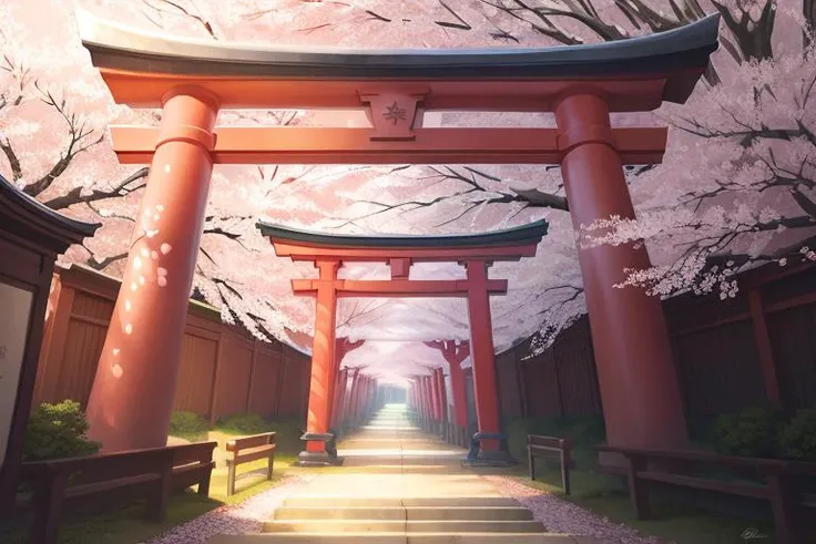 no humans,torii, cherry blossoms, <lora:scenery-000016:1>