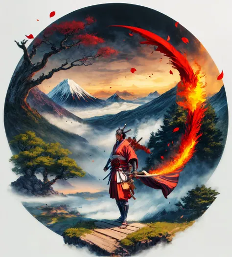 masterpiece, best quality, absurdres, fire element,foggy mountains,japanese sprucetree,sunny day,colorful,fantasy, wooden red samurai warrior, flaming katana,  (floating flower petals:1.1), (bird companion:1.1), (crescent:1.1),  dutch angle,(white background:1), full body, <lora:add_detail:2> , tachi-e <lora:standingFullBodyWithBackgroundStyle_v10Offset:2>