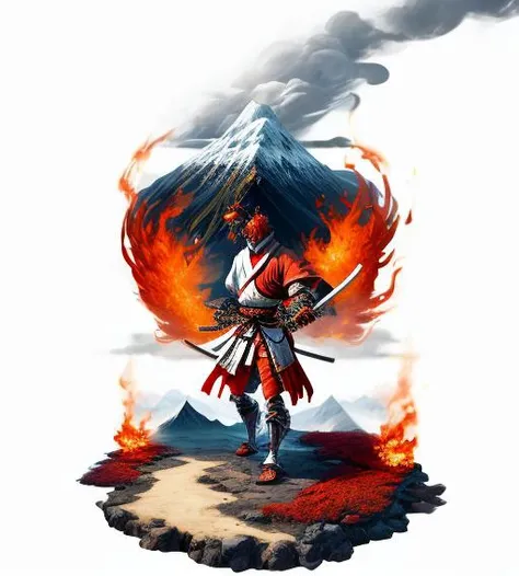 masterpiece, best quality, absurdres, fire element,foggy mountains,japanese sprucetree,sunny day,colorful,fantasy, wooden red samurai warrior, flaming katana, floating flower petals, dutch angle, (white background:1.5), full body, <lora:add_detail:2> <lora:standingFullBodyWithBackgroundStyle_v10Offset:2>