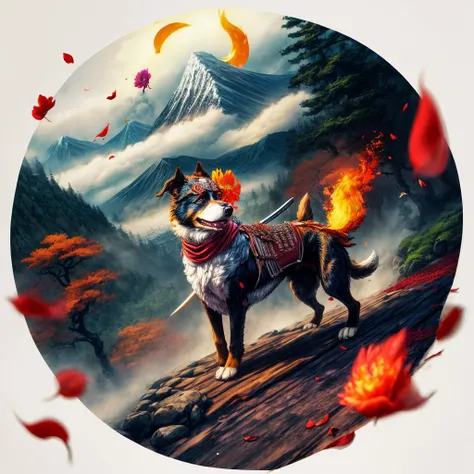 masterpiece, best quality, absurdres, fire element,foggy mountains,japanese sprucetree,sunny day,colorful,fantasy, wooden red samurai warrior, flaming katana,  (floating flower petals:1.3),(dog pet companion:1.1) (crescent:1.15),  dutch angle,(white background:1), full body, <lora:add_detail:2> , tachi-e <lora:standingFullBodyWithBackgroundStyle_v10Offset:1>