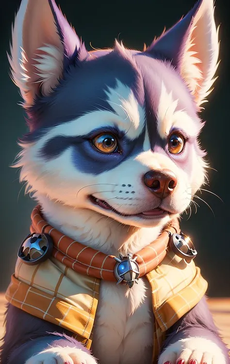 face closeup, (pixar style)++, cute husky puppy. masterpiece, best quality, intricate detail, renderman, 4k, 8k, film quality