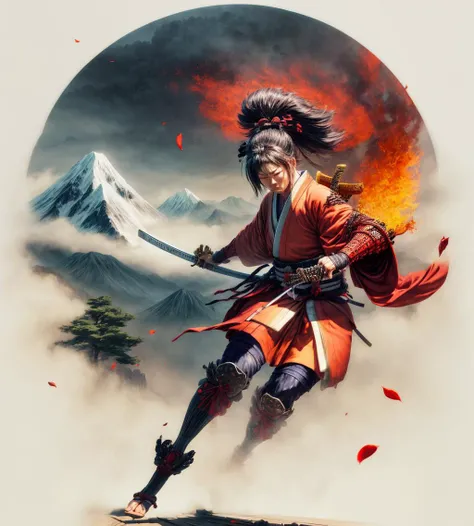 masterpiece, best quality, absurdres, fire element,foggy mountains,japanese sprucetree,sunny day,colorful,fantasy, wooden red samurai warrior, flaming katana,  floating flower petals, dutch angle,(simple background:1.5), full body,  <lora:add_detail:2>  <lora:standingFullBodyWithBackgroundStyle_v10Offset:1>