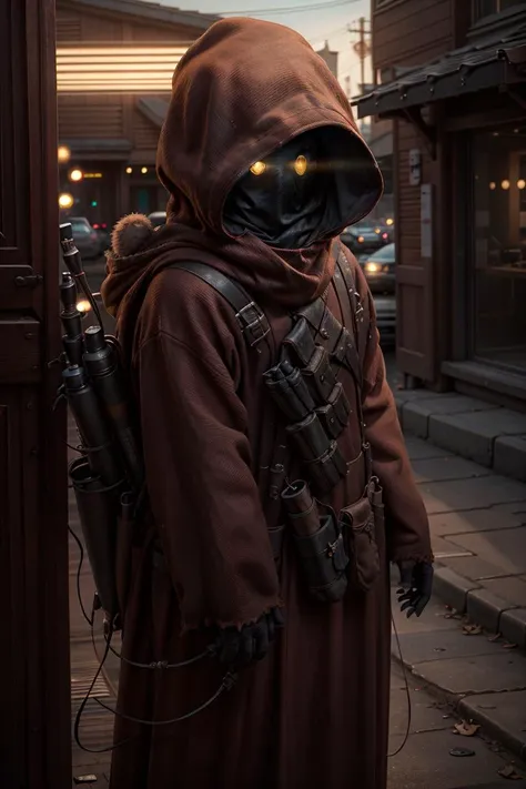 8k resolution, best quality, masterpiece:1.2, realistic, photo-realistic:1.37, ultra-detailed, best quality, ultra high res, professional lighting, photon mapping, radiosity, physically-based rendering, cinematic lighting, unreal engine, depth of field, sharp focus, raw photo, good composition, bokeh:1.2, 35mm lens:1.25, <lora:Concept - Add_detail:0.5> <lora:Race - Jawa:0.7> jawa, hood up, glowing eyes, shrouded face, very short,
