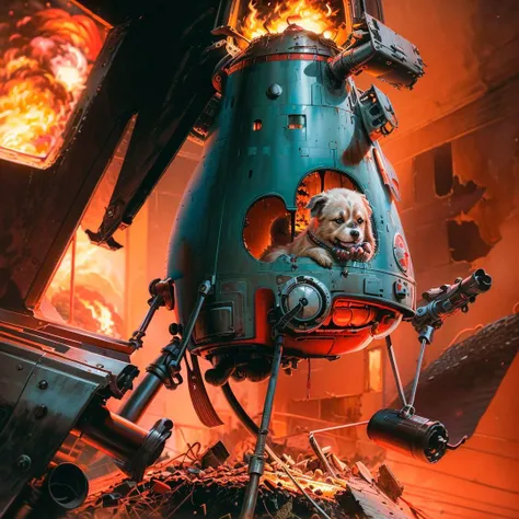 ((A dog sitting in a chair in a spaceship is near the table)), have mug cup, no humans, (fire), (burning building:1.7), (Red hue:1.2),
detailed, masterpiece, <lora:Retro SciFi:0.9>