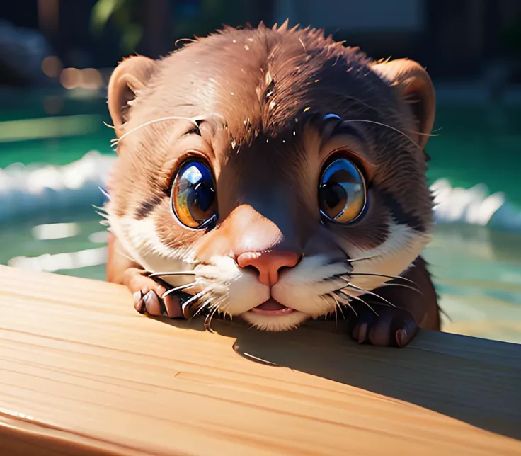 face closeup, (pixar style)++, cute female otter. masterpiece, best quality, intricate detail, renderman, 4k, 8k, film quality