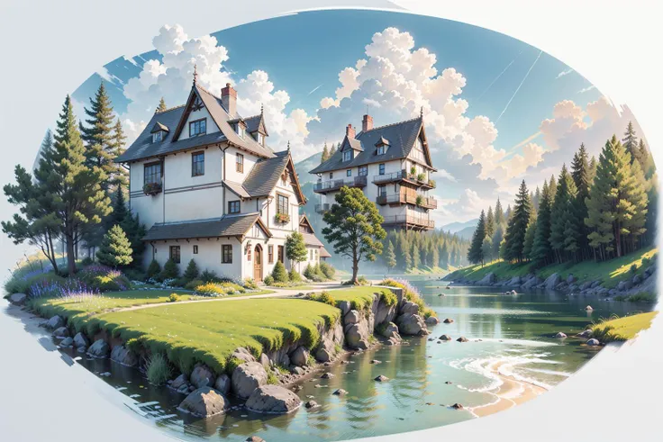 [(white background:1.5)::5], isometric OR hexagon ,masterpiece, best quality, ultra-detailed, illustration, scenery, ultra high res, (white background:1.5), no humans, scenery, tree, outdoors, sky, grass, day, cloud, water, blue sky, building, flower, nature, house, bird, window, river, bush , (rainbow:1.0), 
 <lora:GachaSplash4:1> ,<lora:Ghibli_v4:0.3>