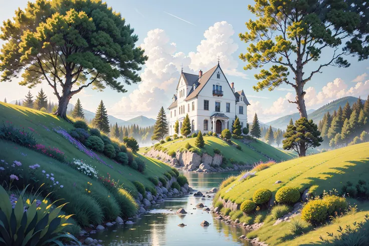 [(white background:1.5)::5], isometric OR hexagon ,masterpiece, best quality, ultra-detailed, illustration, scenery, ultra high res, (white background:1.5), no humans, scenery, tree, outdoors, sky, grass, day, cloud, water, blue sky, building, flower, nature, house, bird, window, river, bush , (rainbow:1.1), 
 <lora:GachaSplash4:1> ,<lora:Ghibli_v4:0.3>