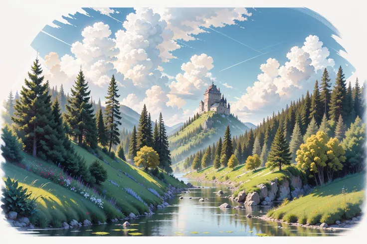 [(white background:1.5)::5], isometric OR hexagon ,masterpiece, best quality, ultra-detailed, illustration, scenery, ultra high res, (white background:1.5), no humans, scenery, tree, outdoors, sky, grass, day, cloud, water, blue sky, building, flower, nature, house, bird, window, river, bush , (rainbow:1.1), 
 <lora:GachaSplash4:1> ,<lora:Ghibli_v4:0.3>