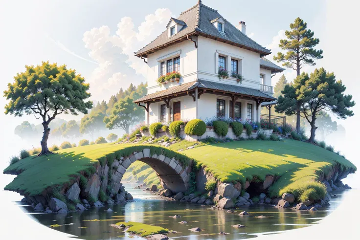 [(white background:1.5)::5], isometric OR hexagon ,masterpiece, best quality, ultra-detailed, illustration, scenery, ultra high res, (white background:1.5), no humans, scenery, tree, outdoors, sky, grass, day, cloud, water, blue sky, building, flower, nature, house, bird, window, river, bush , rainbow, 
 <lora:GachaSplash4:1> ,<lora:Ghibli_v4:0.3>