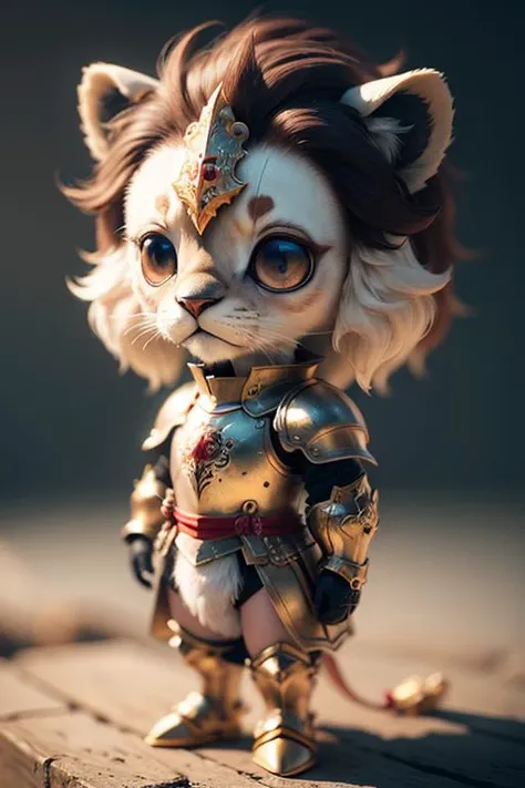 3dcreature cute lion wearing knight armor with detailed floral ornament, 1boy, big eyes, chibi, Photorealistic, Hyperrealistic, Hyperdetailed, analog style, hip cocked, demure, low cut, black lace, detailed skin, matte skin, soft lighting, subsurface scattering, realistic, heavy shadow, masterpiece, best quality, ultra realistic, 8k, golden ratio, Intricate, High Detail, film photography, soft focus <lora:3dcreature:0.6>