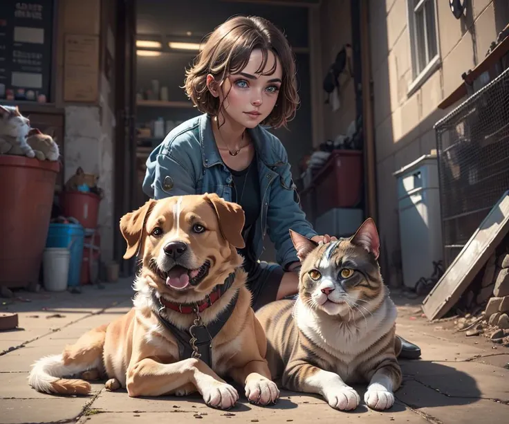 from before,nova,solo,1girl,1dog,cats,[girl:dog:40:cats:50],street,pet play,
masterpiece,8k,highres,highest texture,better face,