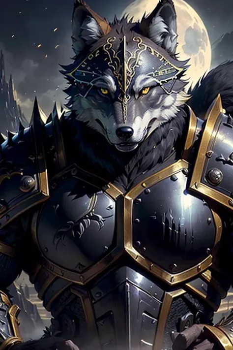 best quality ,masterpiece, illustration, an extremely delicate and beautiful, sharp focus, absurdres, realistic proportions, ((((realistic, hyperrealistic:1. 4)))), 16k hdr ,CG ,unity , ((((((((1wolf)))), full character)))),(((((armor), knight, rogue, paladin, mid body, ((((wearing black warrior suit)))), berserker, ranger, valkyrie, armor, dark, shadow, ((valley, landscape))))),((looking at viewer)),(((dark:1.4), deep shadow, moonlight, extremely detailed )), Amazing, dramatic light,style of Yoji Shinkawa and Hyung-tae Kim,((drastic hair ornaments)),((Soft light))), (CGSociety, Intricate:1.1),symmetrical, detailed linework, cinematic, psychedelic, black paper with vibrant line work, ornate, ((((symmetrical)))), highly detailed, castle, ((golden ratio)),(filigree:1.4) ,((loong pattern)), <lora:sxz-death-knight:0.6>